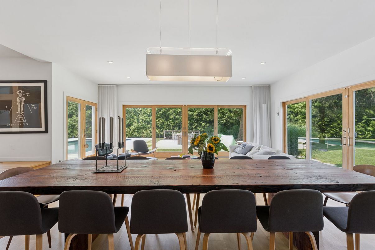 Dining room, Interior, Pendant Lights, Recessed Lighting, Wood Texture Flooring
