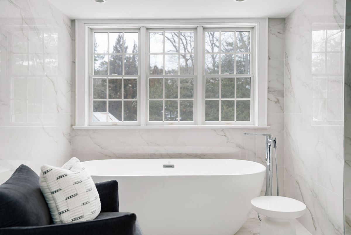 Bathroom, Free Standing Baths, Interior, Marble, Marble Walls, Recessed Lighting