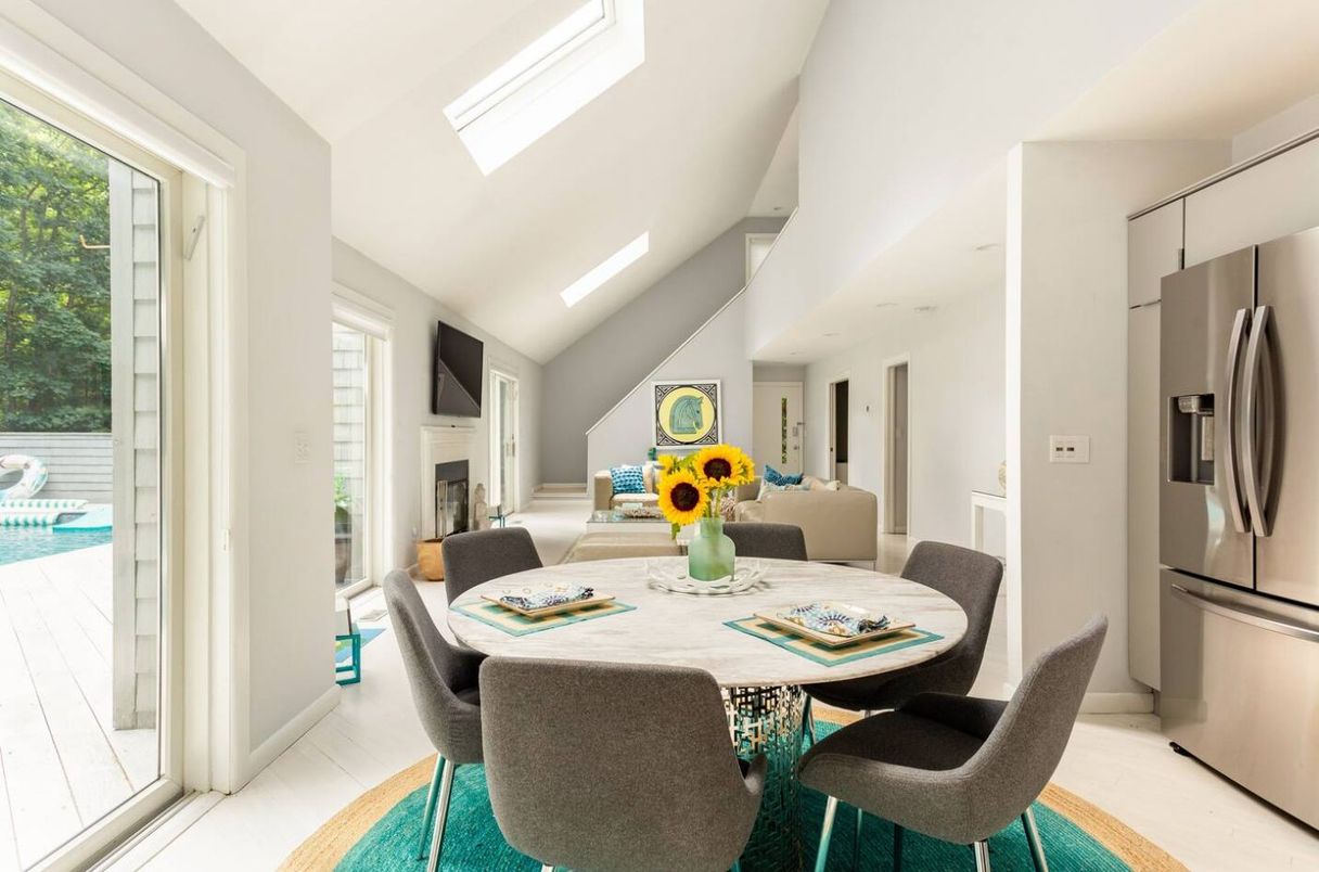 Dining room, Fireplace, Interior, Kitchen, Recessed Lighting, Stainless Steel Appliances