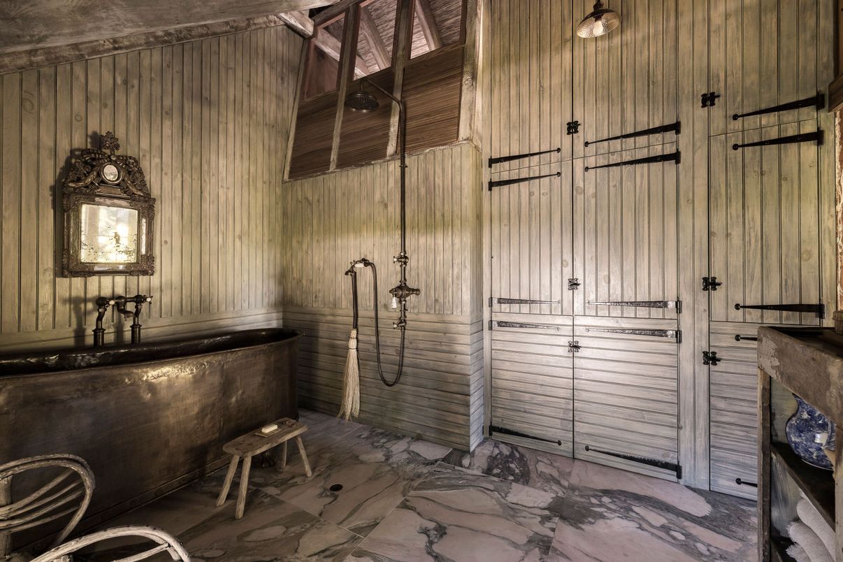 Bathroom, Interior, Marble, Pendant Lights, Wooden Walls