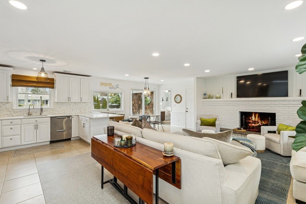 Dining room, Fireplace, Interior, Kitchen, Living room, Pendant Lights, Recessed Lighting, Stainless Steel Appliances