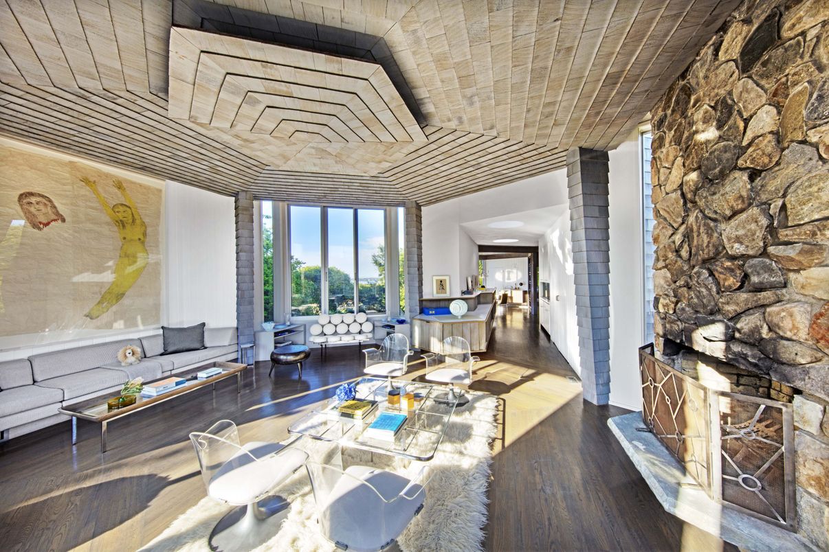 Interior, Living room, Stone Walls, Wood Texture Flooring