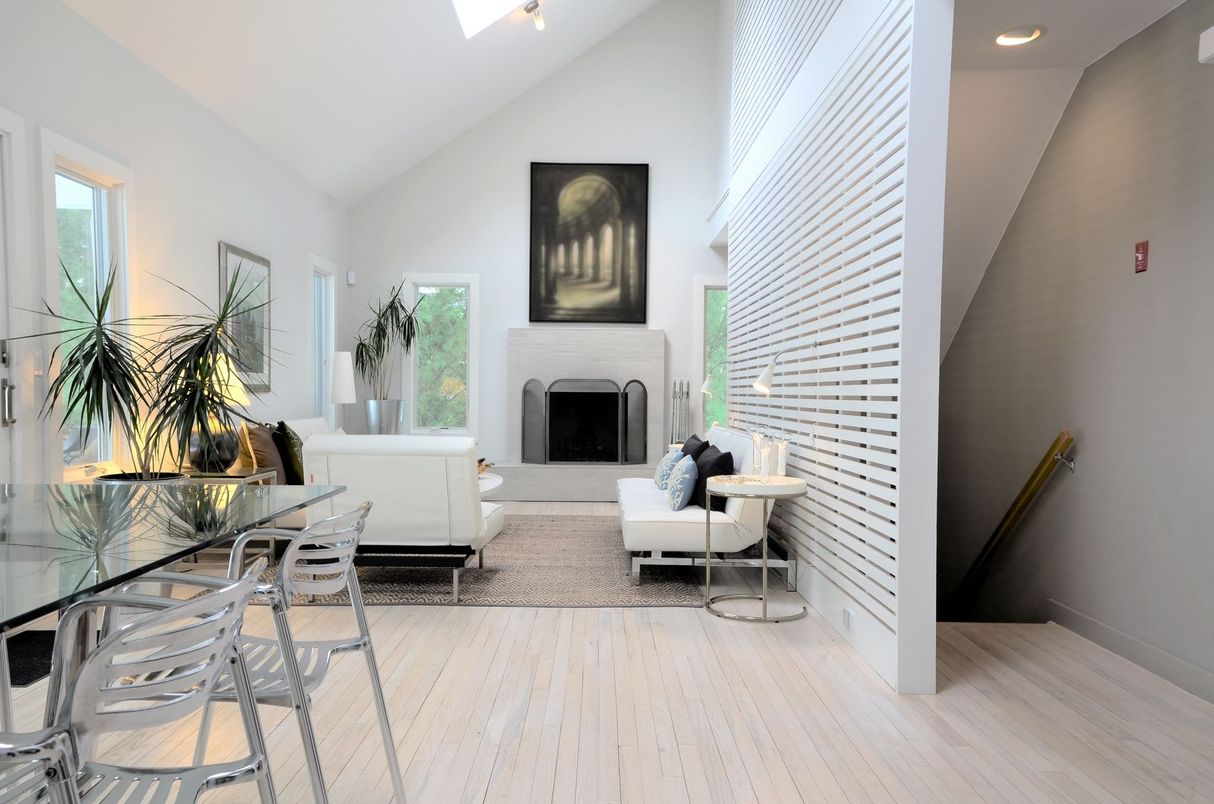 Fireplace, Interior, Living room, Recessed Lighting, Wood Texture Flooring