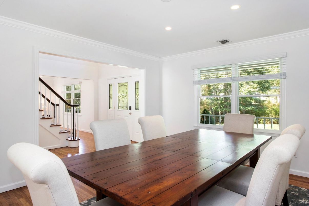 Dining room, Interior, Recessed Lighting, Wood Texture Flooring