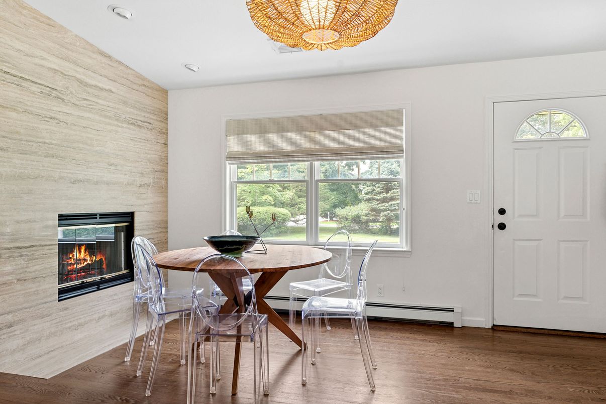 Dining room, Fireplace, Interior, Wood Texture Flooring