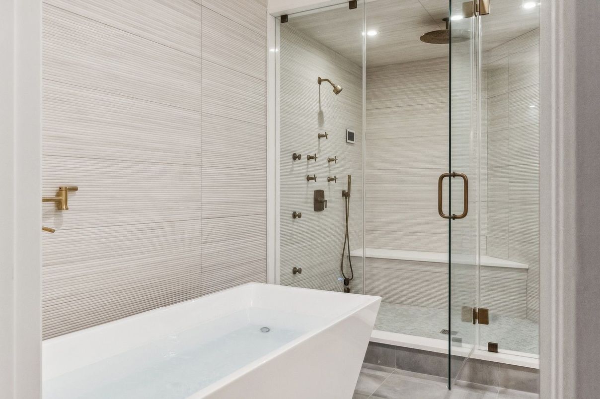 Bathroom, Free Standing Baths, Glass Shower, Interior, Recessed Lighting