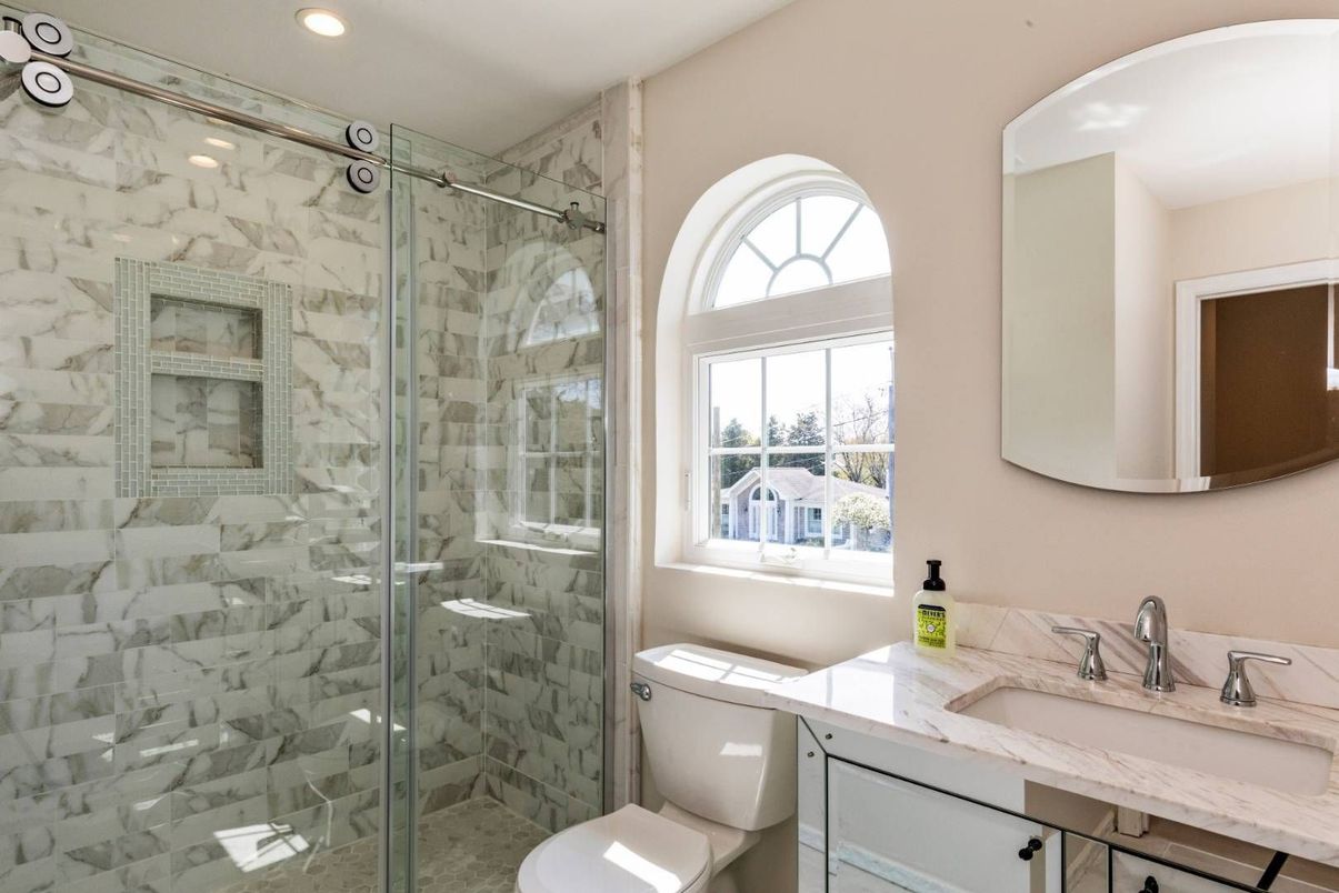 Bathroom, Glass Shower, Interior, Marble Walls, Recessed Lighting