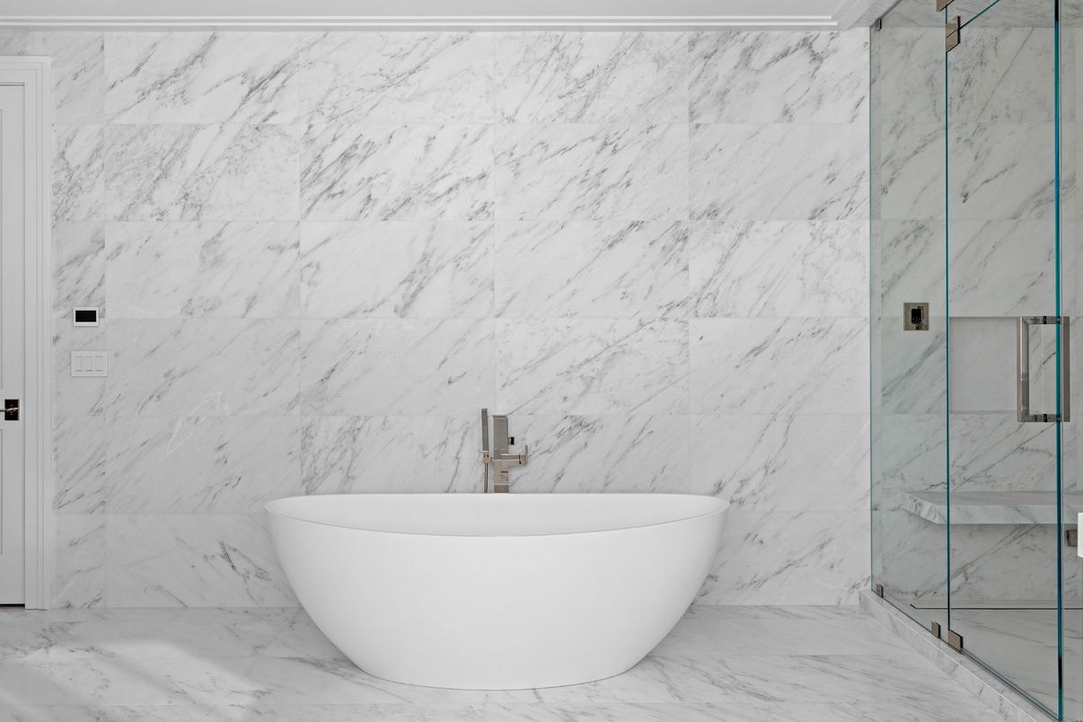 Bathroom, Free Standing Baths, Glass Shower, Interior, Marble, Marble Walls