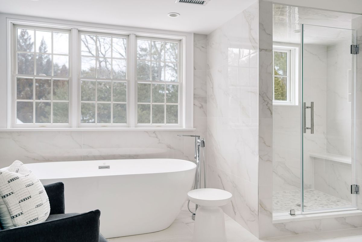 Bathroom, Free Standing Baths, Glass Shower, Interior, Marble, Marble Walls, Recessed Lighting