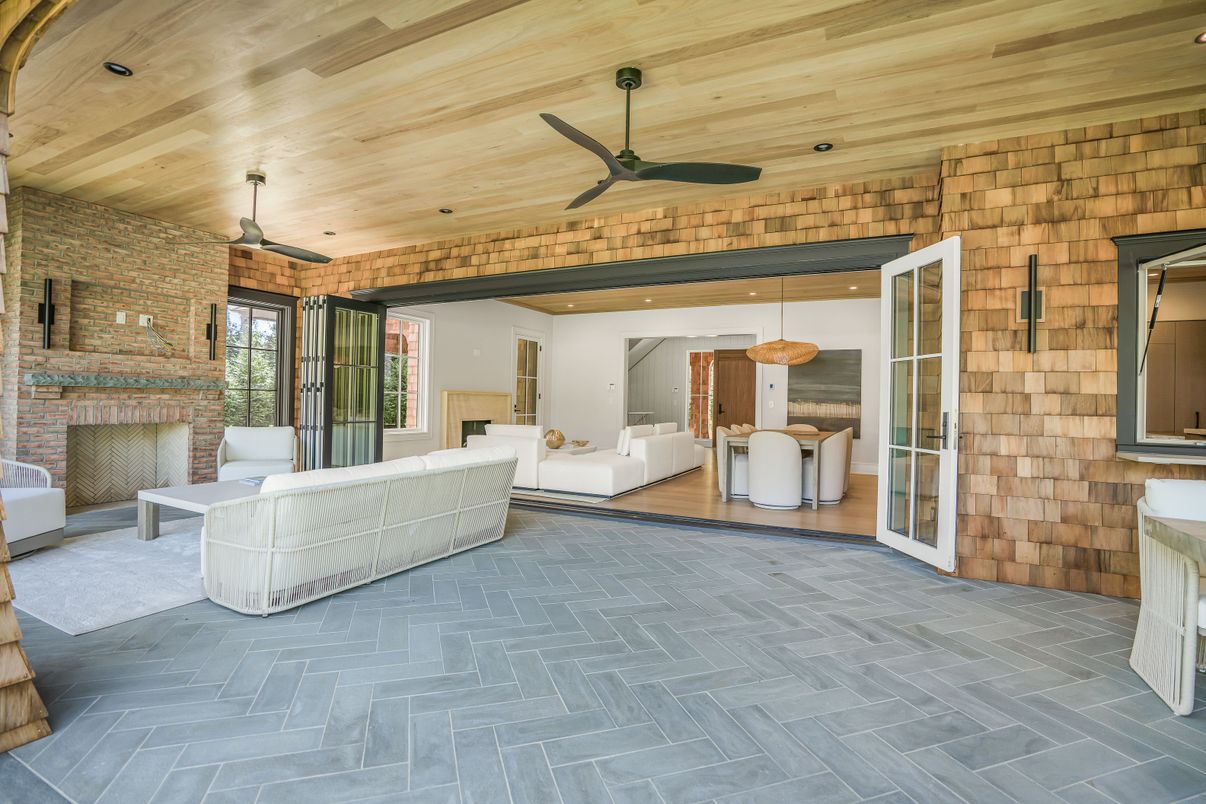 Fireplace, Interior, Living room, Recessed Lighting, Stone Walls, Wooden Ceilings, Wood Texture Flooring, Wooden Walls