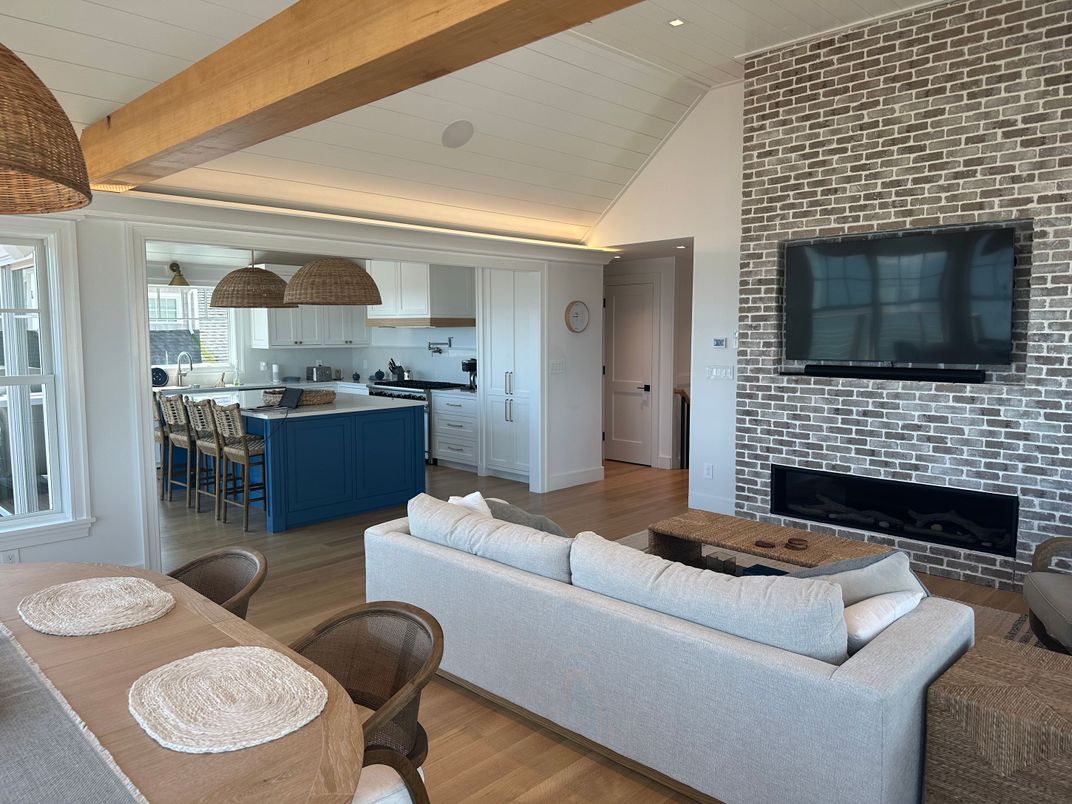 Fireplace, Interior, Kitchen, Living room, Recessed Lighting, Stainless Steel Appliances, Stone Walls, Wooden Beams, Wood Texture Flooring
