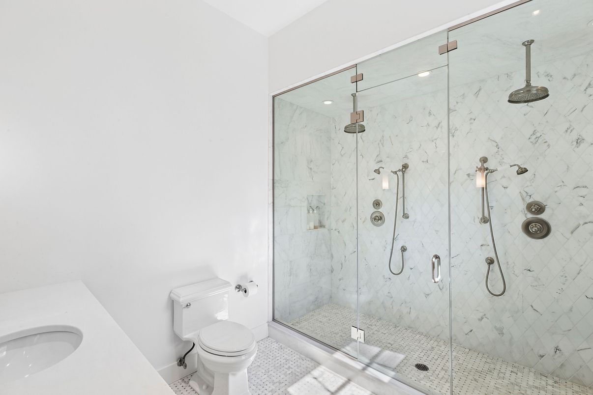 Bathroom, Glass Shower, Interior, Marble Walls, Recessed Lighting