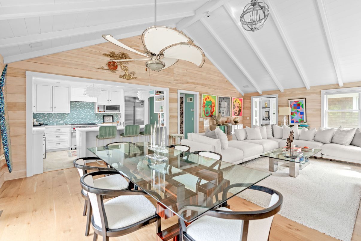 Dining room, Interior, Kitchen, Living room, Pendant Lights, Wood Texture Flooring