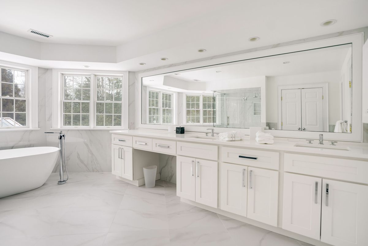 Bathroom, Dual Sink Vanities, Free Standing Baths, Interior, Marble, Recessed Lighting