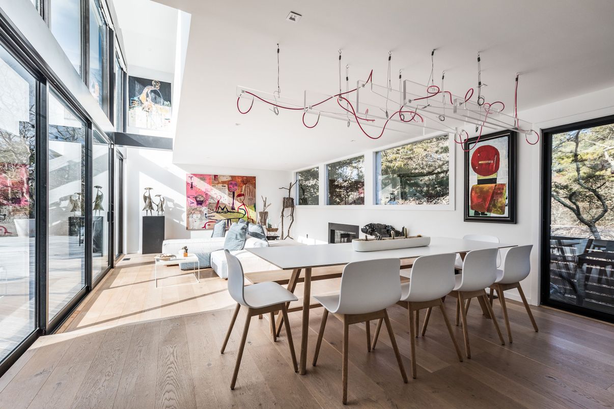 Dining room, Interior, Pendant Lights, Wood Texture Flooring