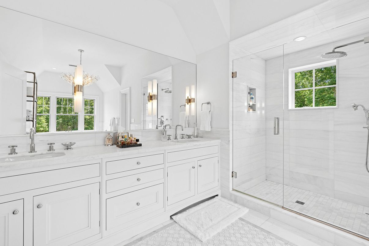 Bathroom, Dual Sink Vanities, Glass Shower, Interior, Pendant Lights, Recessed Lighting