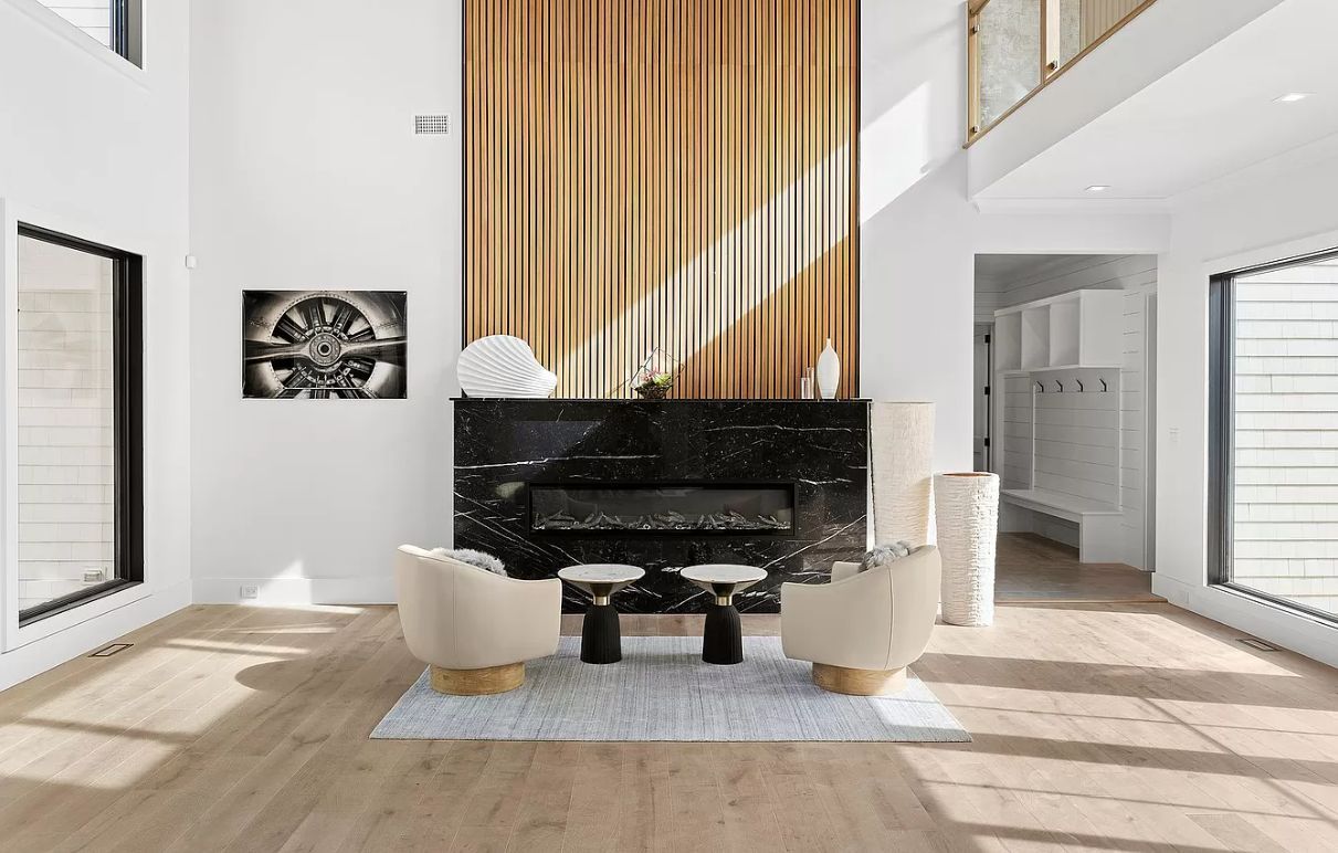 Fireplace, Interior, Recessed Lighting, Wood Texture Flooring