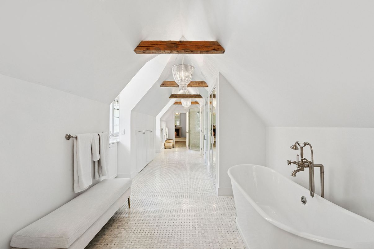 Bathroom, Chandelier, Free Standing Baths, Interior, Wooden Beams