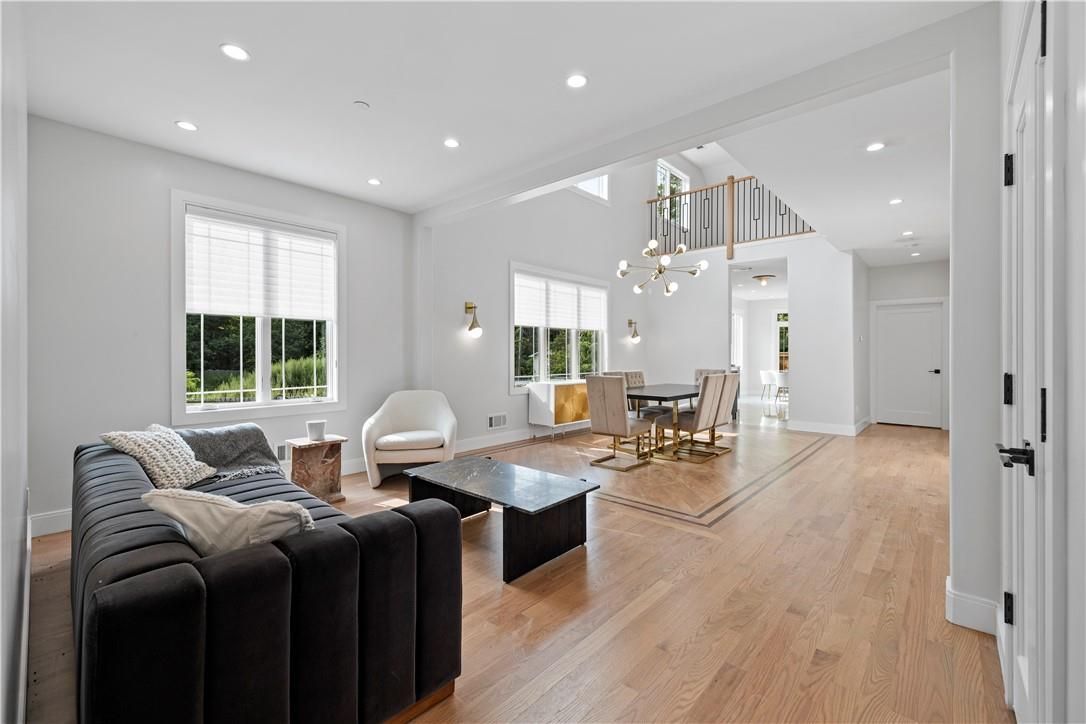 Dining room, Interior, Living room, Pendant Lights, Recessed Lighting, Wood Texture Flooring