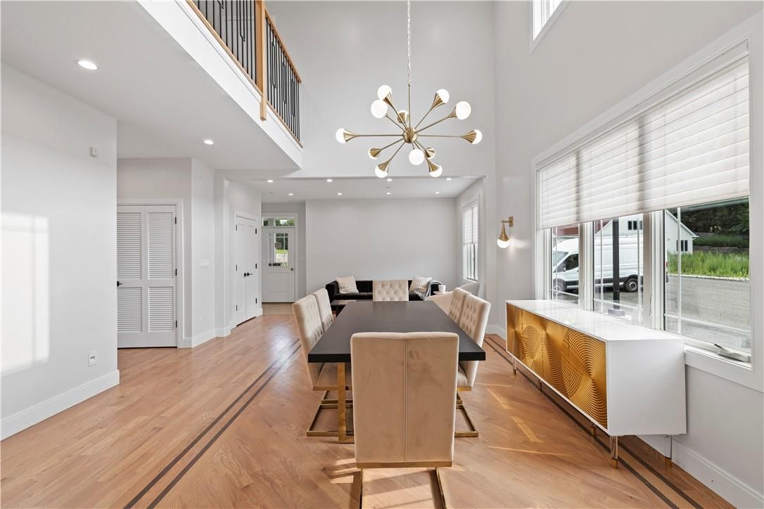 Dining room, Interior, Pendant Lights, Recessed Lighting, Wood Texture Flooring