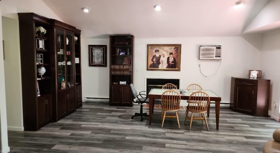 Fireplace, Home Office, Interior, Recessed Lighting, Wood Texture Flooring