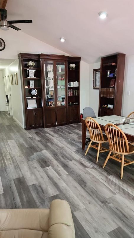 Dining room, Interior, Recessed Lighting, Wood Texture Flooring