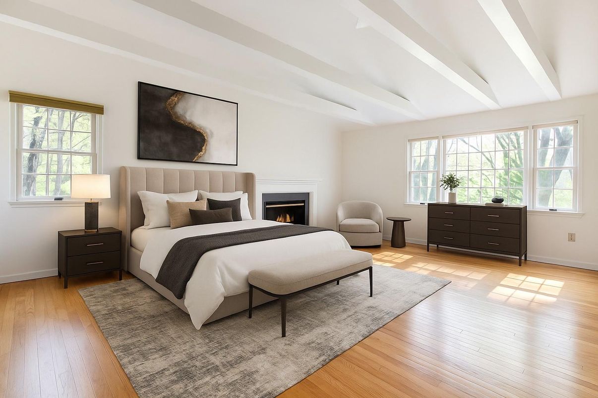 Bedroom, Fireplace, Interior, Wood Texture Flooring