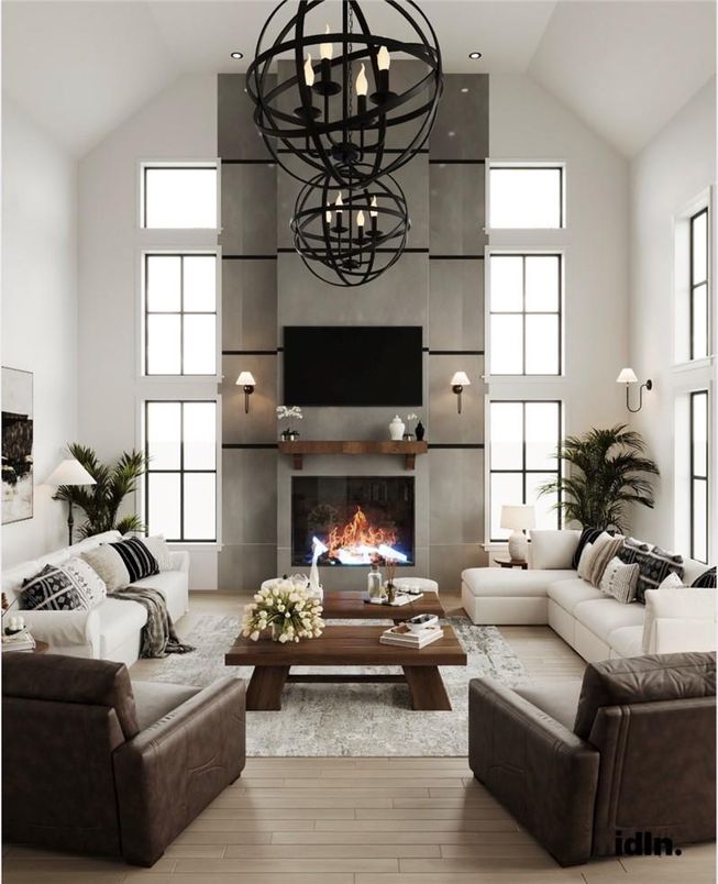 Chandelier, Fireplace, Interior, Living room, Recessed Lighting, Wood Texture Flooring