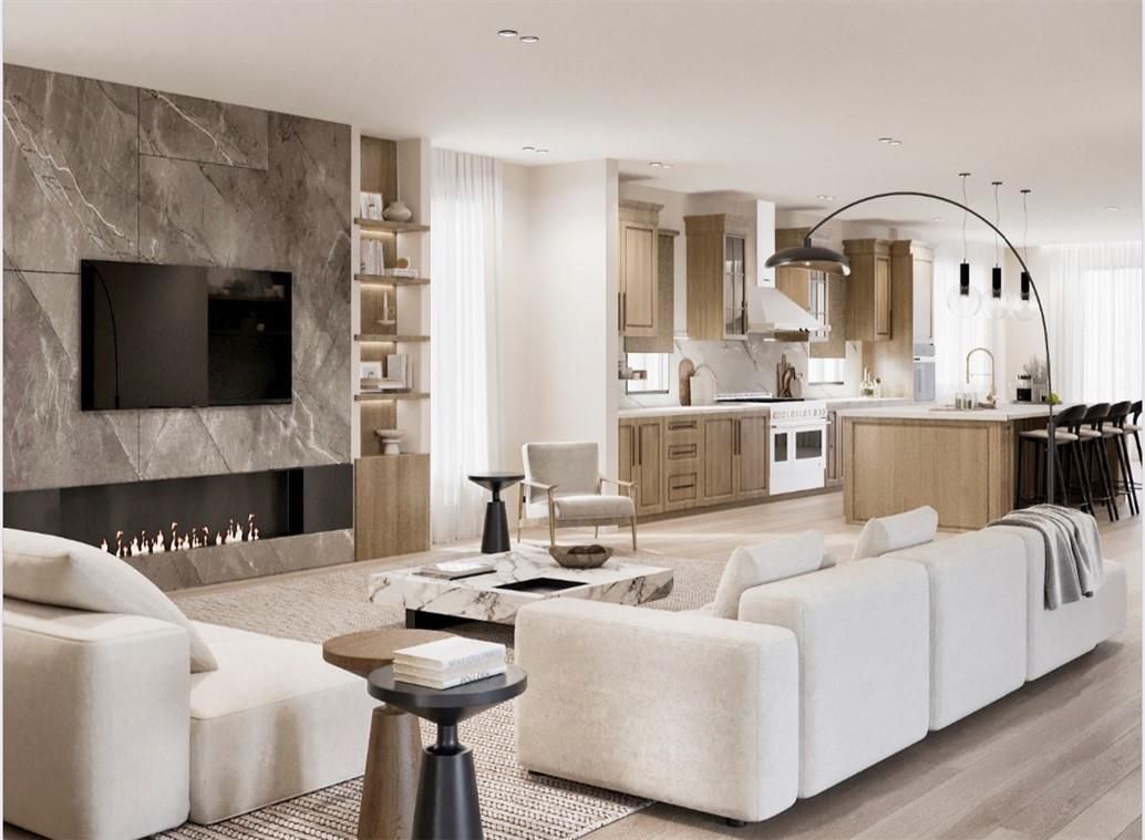 Fireplace, Interior, Kitchen, Living room, Pendant Lights, Recessed Lighting, Wood Texture Flooring