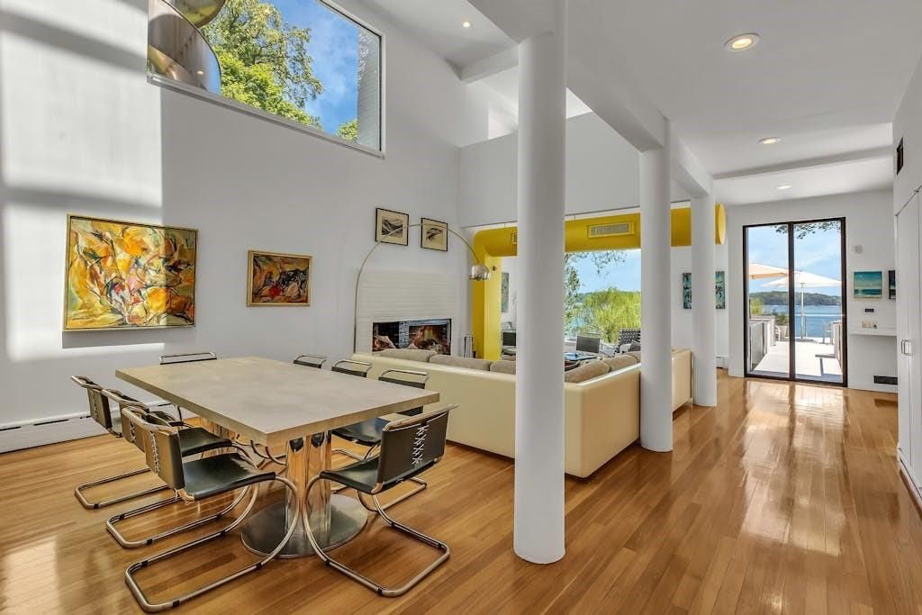 Dining room, Fireplace, Interior, Living room, Recessed Lighting, Wood Texture Flooring