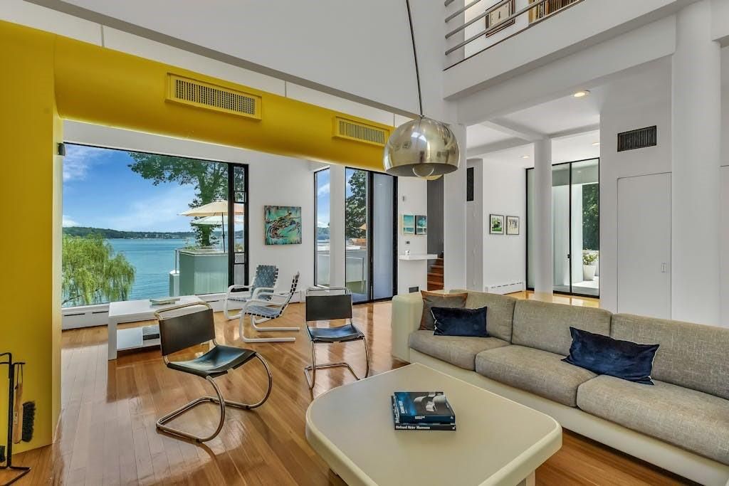 Dining room, Interior, Living room, Pendant Lights, Water, Wood Texture Flooring
