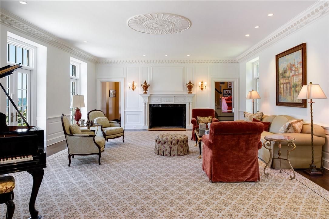 Fireplace, Interior, Living room, Pendant Lights, Piano, Recessed Lighting, Wood Texture Flooring