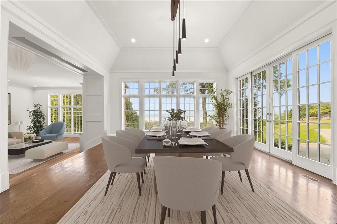 Dining room, Interior, Pendant Lights, Recessed Lighting, Wood Texture Flooring