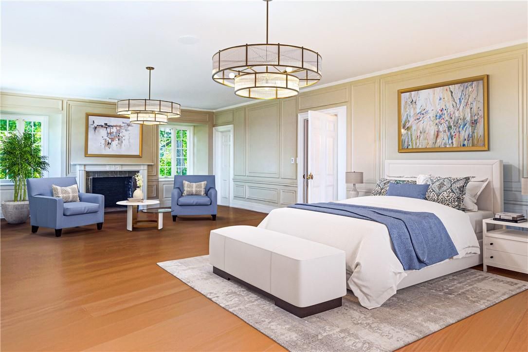 Bedroom, Chandelier, Fireplace, Interior, Pendant Lights, Wood Texture Flooring
