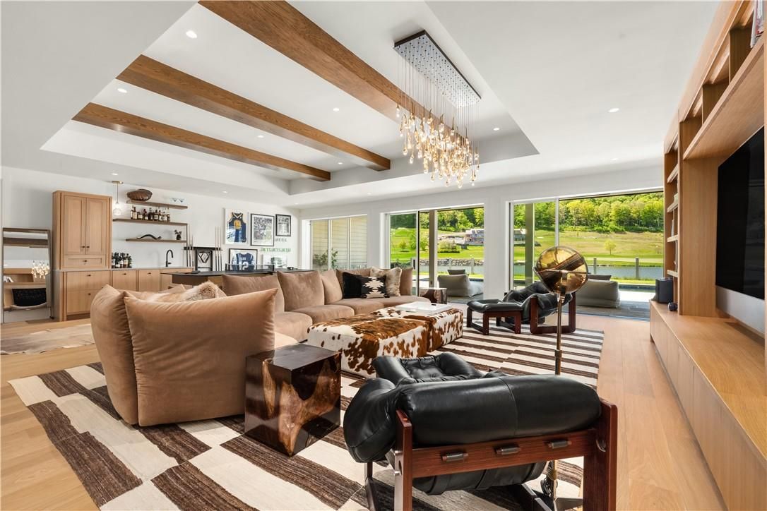 Chandelier, Interior, Living room, Recessed Lighting, Wooden Beams, Wood Texture Flooring