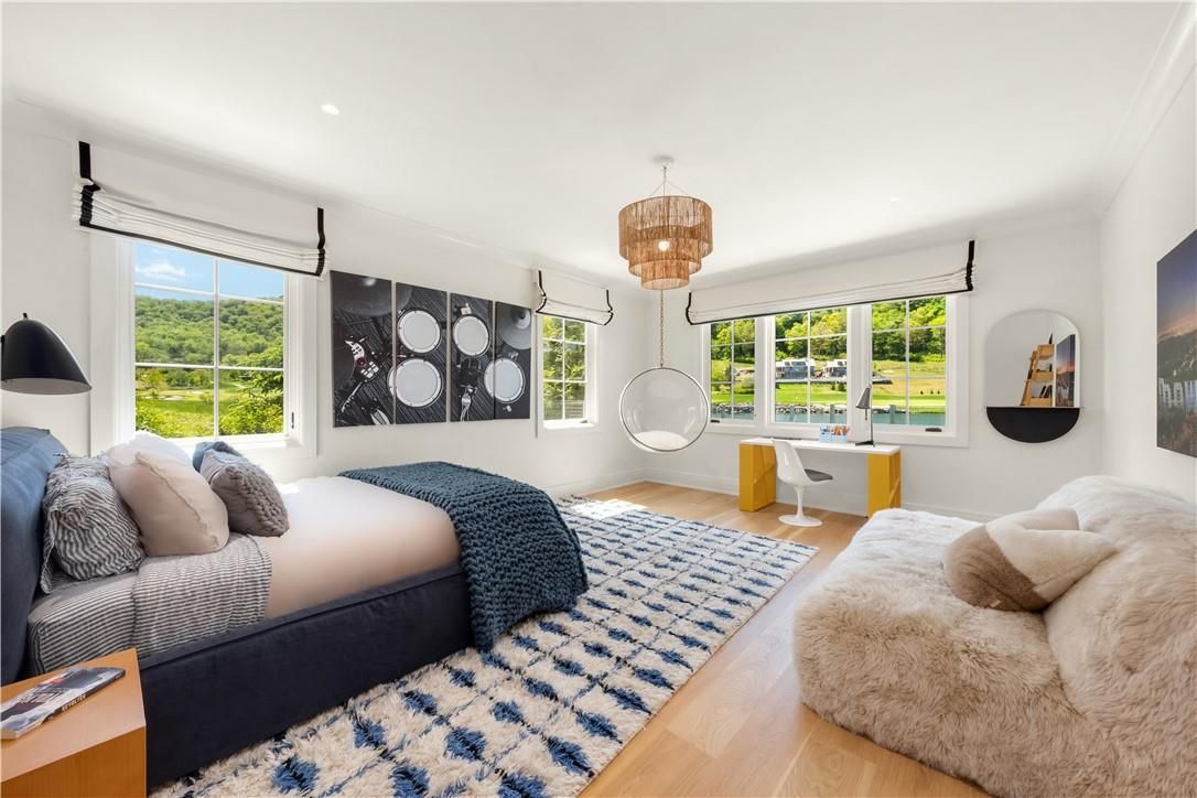 Bedroom, Chandelier, Interior, Recessed Lighting, Wood Texture Flooring