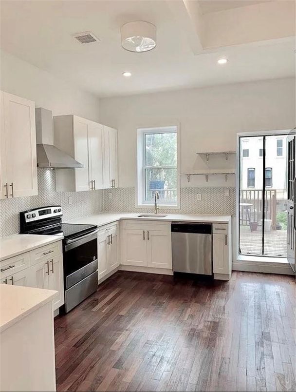 Interior, Kitchen, Recessed Lighting, Stainless Steel Appliances, Wood Texture Flooring