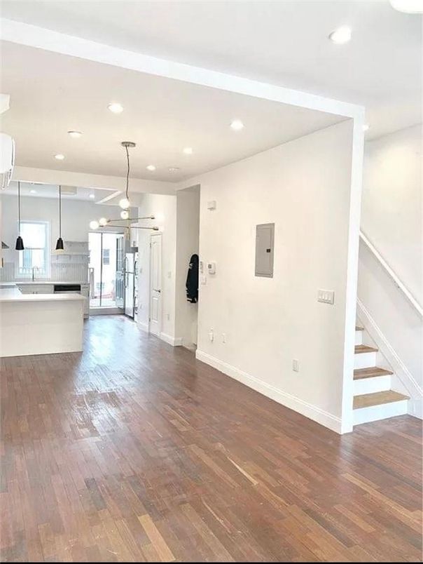 Interior, Kitchen, Pendant Lights, Recessed Lighting, Stainless Steel Appliances, Wood Texture Flooring