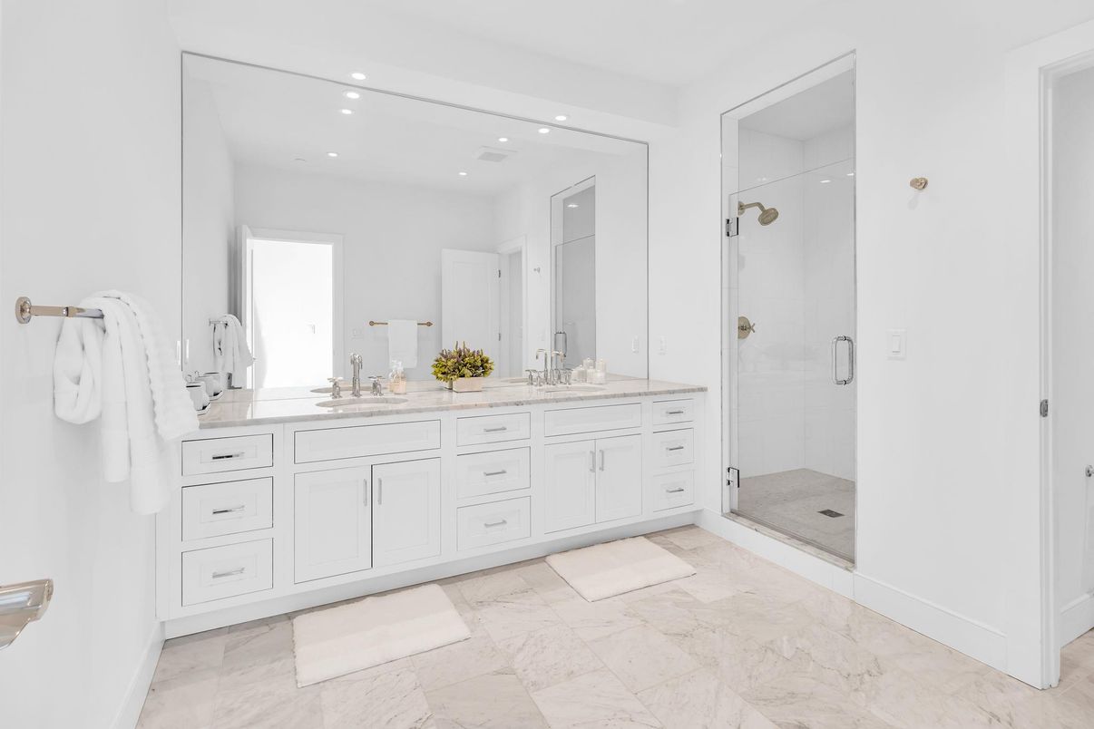 Bathroom, Dual Sink Vanities, Glass Shower, Interior, Marble, Recessed Lighting