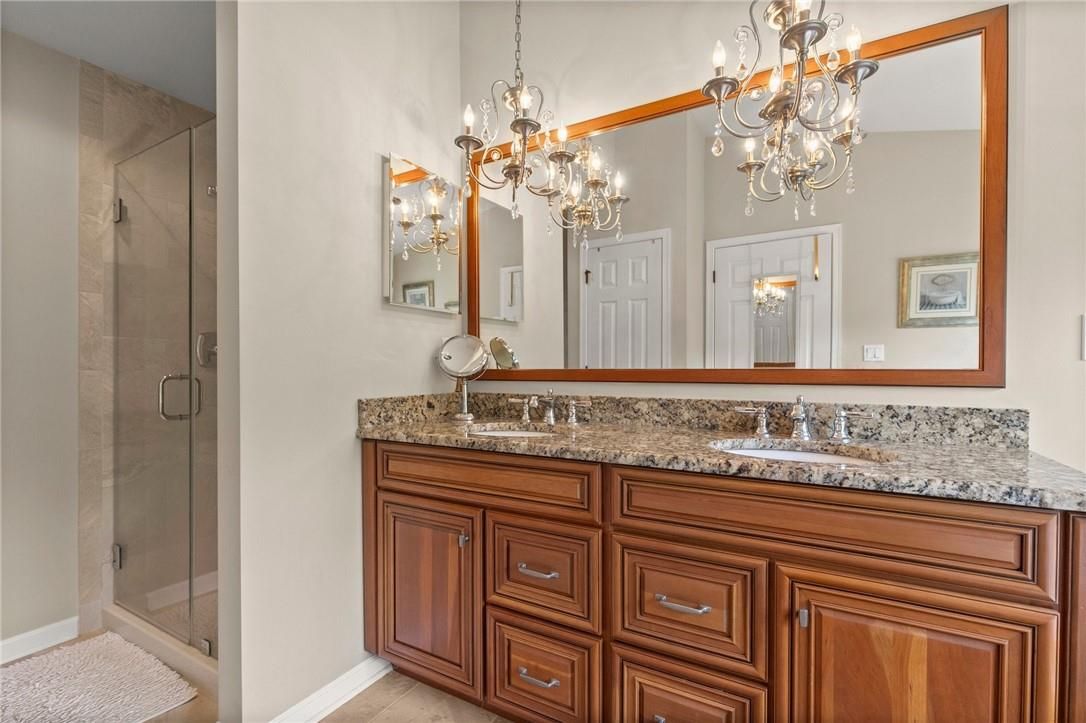 Bathroom, Chandelier, Dual Sink Vanities, Glass Shower, Interior