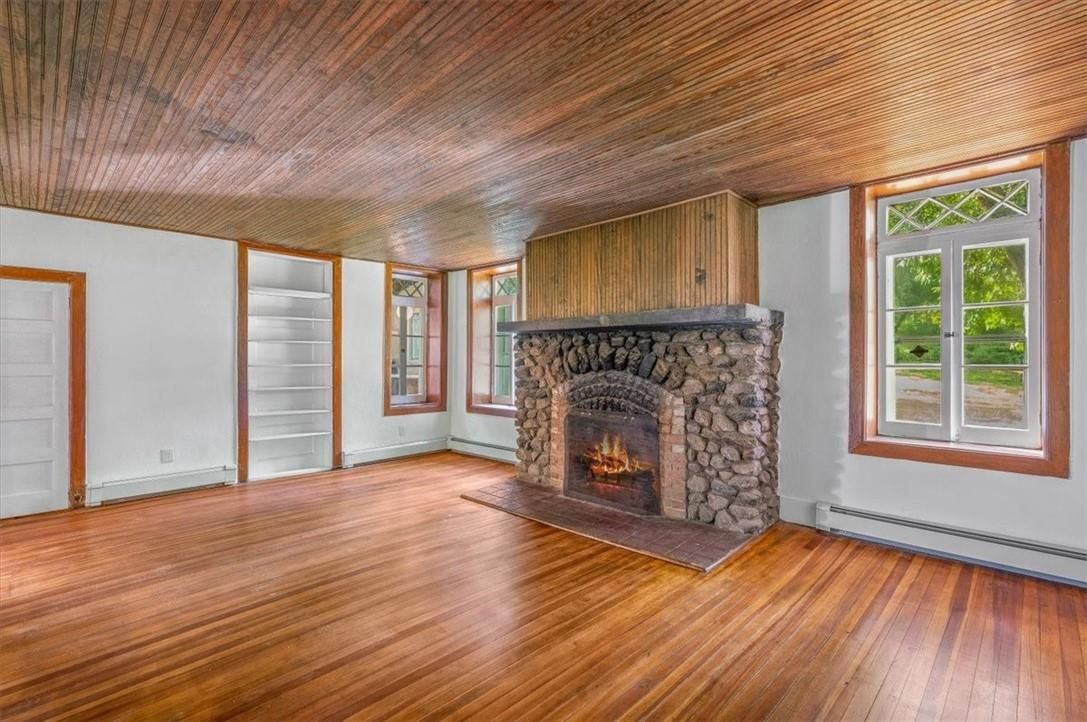 Empty room, Fireplace, Interior, Wooden Ceilings, Wood Texture Flooring