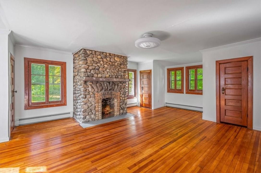 Empty room, Fireplace, Interior, Stone Walls, Wood Texture Flooring