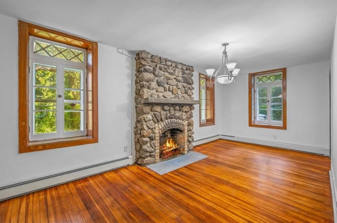 Chandelier, Empty room, Fireplace, Interior, Wood Texture Flooring