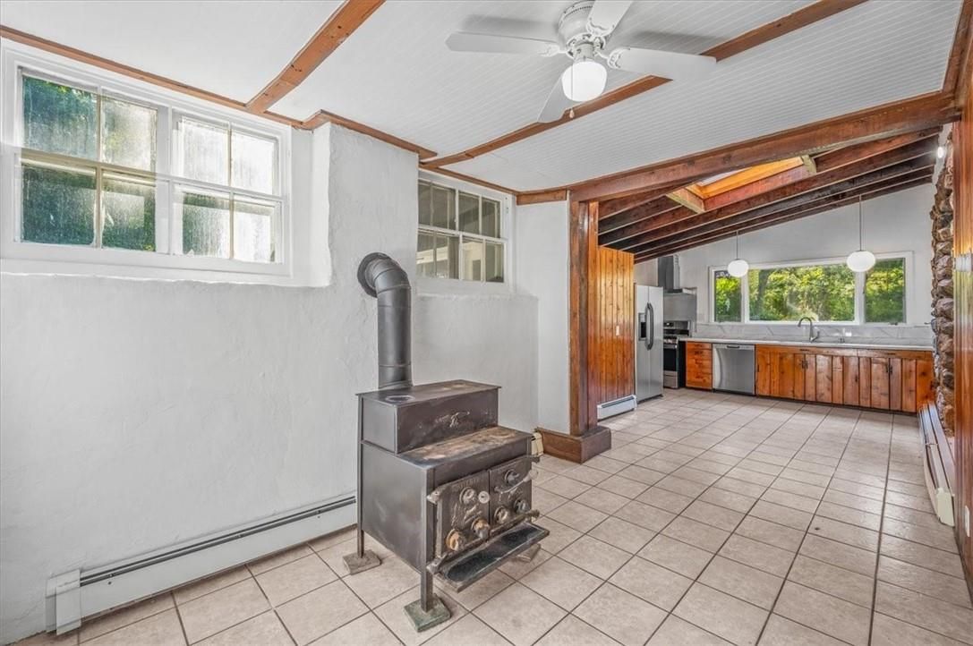 Interior, Kitchen, Pendant Lights, Stainless Steel Appliances, Wooden Beams