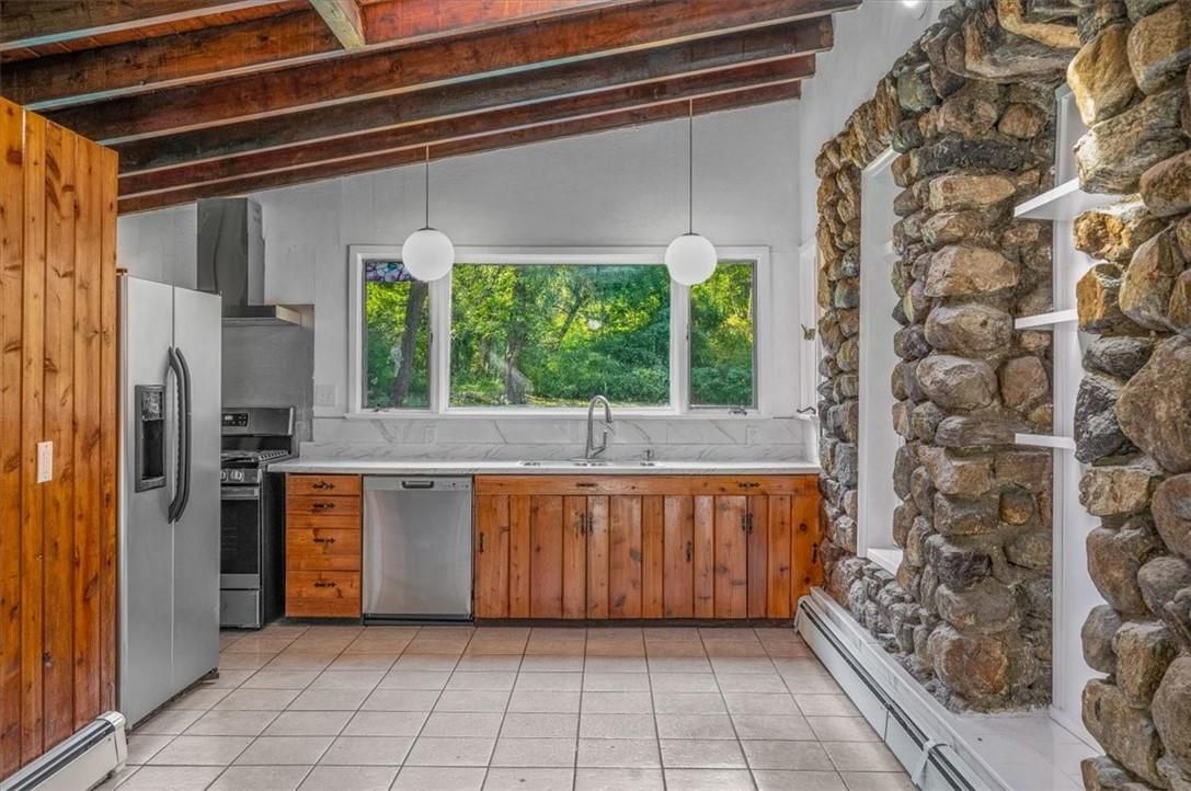 Interior, Kitchen, Pendant Lights, Stainless Steel Appliances, Stone Walls, Wooden Beams, Wooden Ceilings
