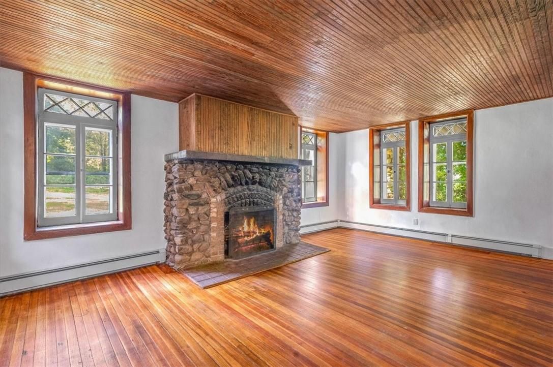 Empty room, Fireplace, Interior, Wooden Ceilings, Wood Texture Flooring