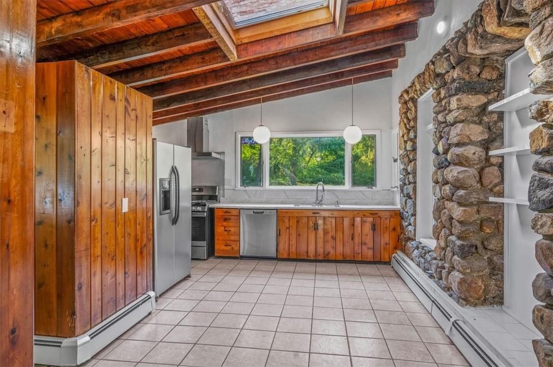 Interior, Kitchen, Pendant Lights, Stainless Steel Appliances, Stone Walls, Wooden Beams, Wooden Ceilings