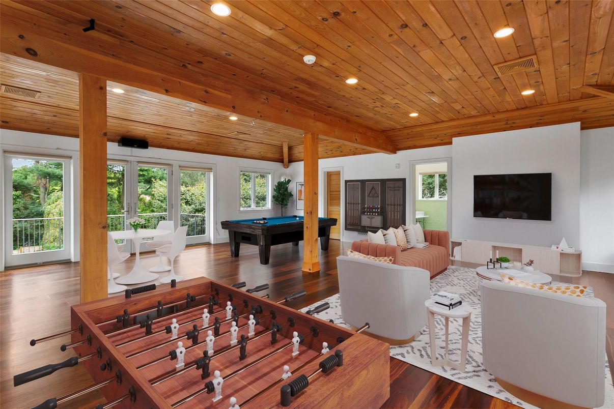 Billiard Table, Game Room, Interior, Living room, Recessed Lighting, Wooden Ceilings, Wood Texture Flooring