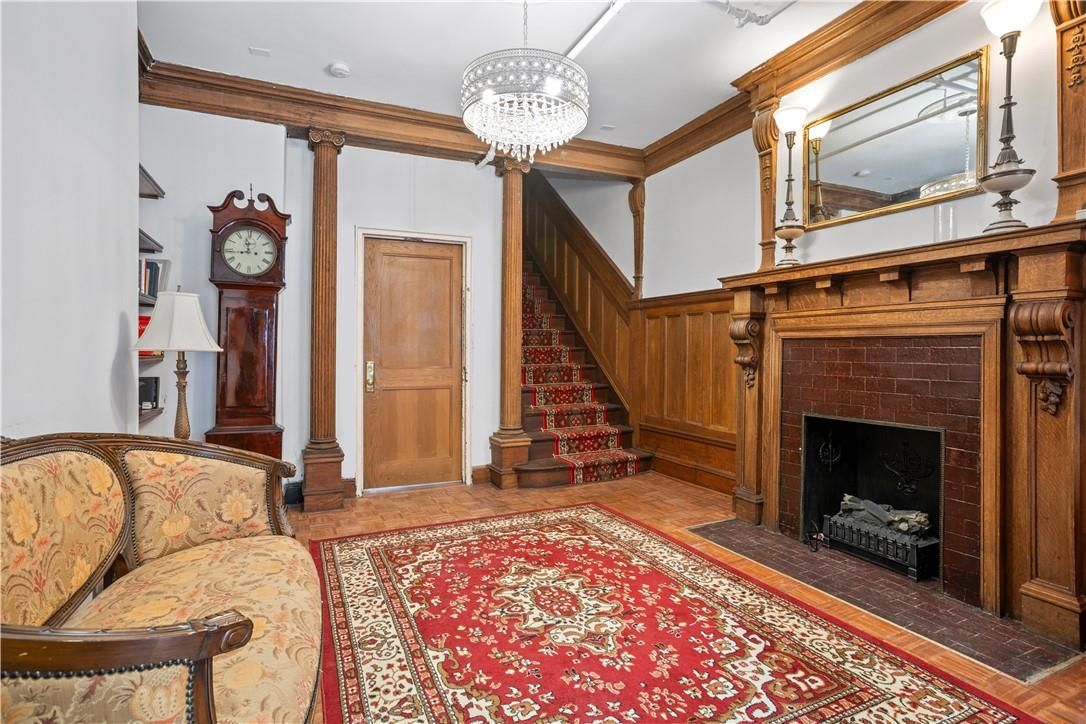 Chandelier, Fireplace, Interior