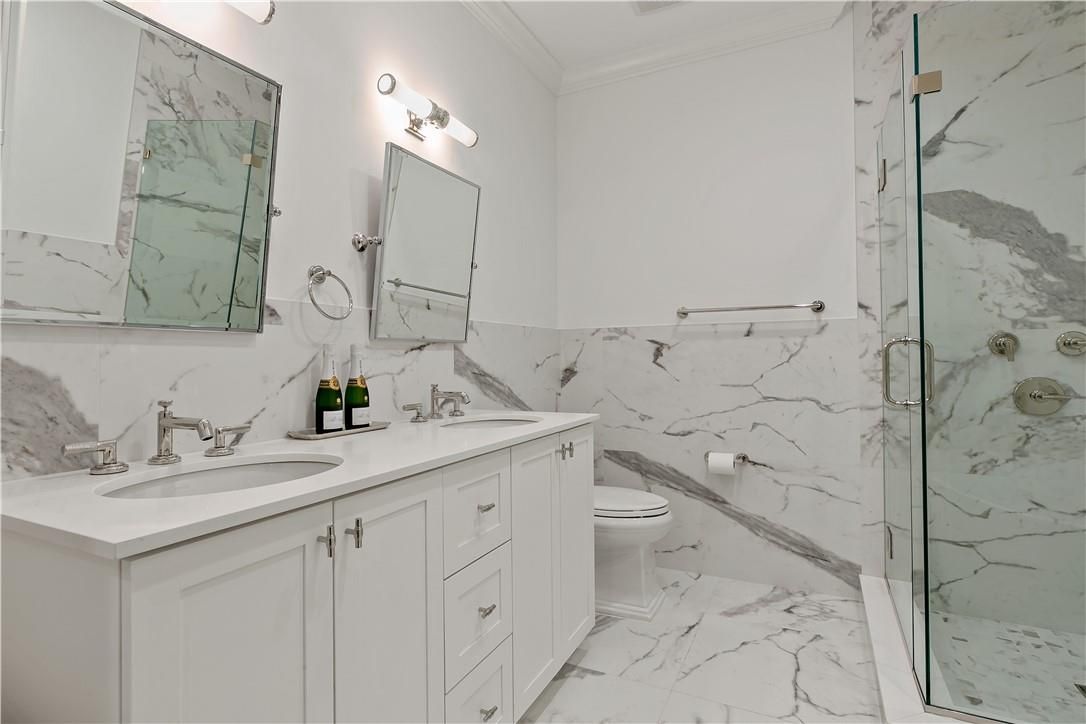 Bathroom, Dual Sink Vanities, Glass Shower, Interior, Marble, Marble Walls